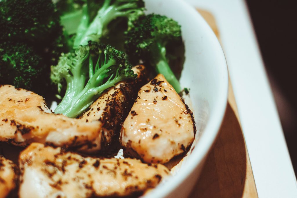 Chicken and broccoli in bowl